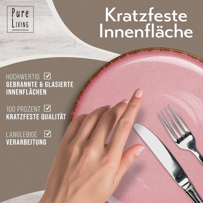 Набір посуду з керамограніту 6 персон Рустик 24 шт. - Набір посуду в сільському стилі, можна мити в посудомийній машині - Набір мисок і тарілок - Чистий живий посуд в (миски (6x), рожеві)