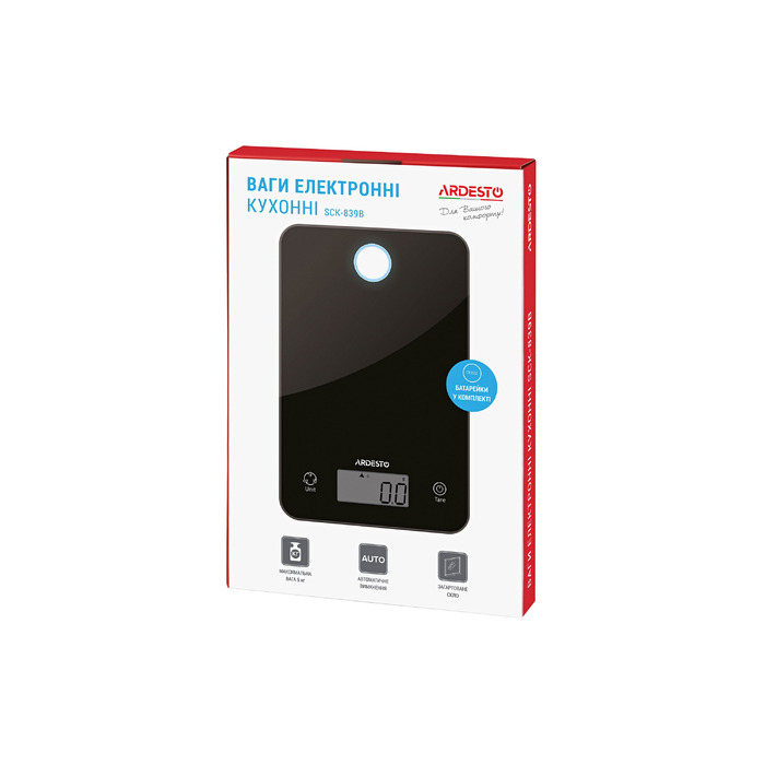 ARDESTO Ваги кухонні, 5кг, CR2032x2 в комплекті, скло, чорний