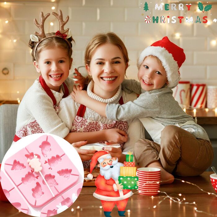 Силіконова форма для шоколаду - 8 отворів, ялинка, олень, сніговик та Санта-Клаус, форми для льодяників на паличці для домашнього шоколаду, цукерок, желе, з 20 паличками (1 упаковка)
