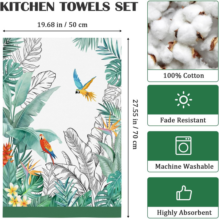 Кухонні рушники, бавовна, 4 упаковки, кухонні рушники, 100 бавовна. Осінній набір кухонних рушників. Багатоцільовий високоякісний набір кухонних рушників для сушіння. Рушники для кухонних рушників 50 x 70 см (тропічні рослини, квіти та птахи)