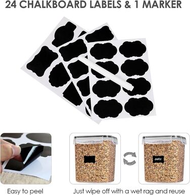 Набір банок для зберігання Vtopmart 0.8 л, банки для мюслі та банки для зберігання харчових продуктів, пластик без бісфенолу А, герметичний, контейнер для сухого корму, набір із 12, 24 етикетки для зерна, борошна, цукру (чорний) (2 л*9)