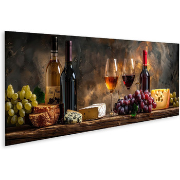 Друк на полотні Сільський натюрморт з пляшками вина, келихами, виноградом, сиром, хлібом на дерев&39яному столі, картини, настінний художній постер (полотно 120x40 см - Панорама)