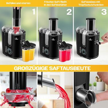 Соковижималка KESSER для фруктів та овочів з нержавіючої сталі 1100 Вт великий завантажувальний отвір 85 мм з щіткою для чищення та контейнером для соку 3 режими швидкості, соковижималка, сріблястий (чорний / сріблястий)