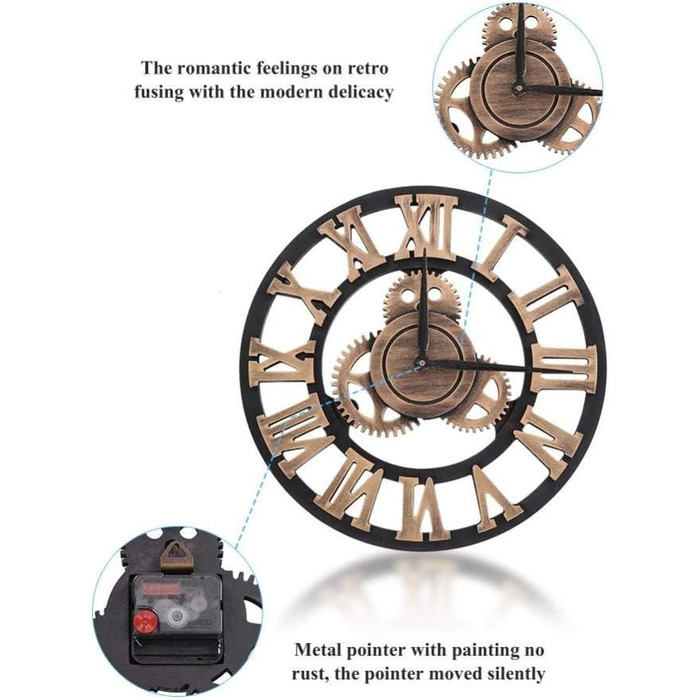Великий круглий металевий настінний годинник у вінтажному стилі з безшумним нецокаючим годинником на батарейках 40 см, 16-дюймовий римський номер, годинники для вітальні, спальні, кухні, настінний годинник-прикраса (золота шестерня, 47 см)