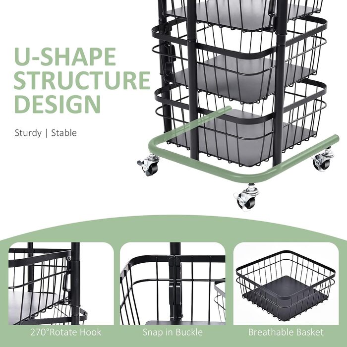Кухонная тележка APEXCHASER, вращающаяся тележка, 4-уровневая многослойная кухонная полка с колесиками, контейнер для хранения, поворотная корзина для фруктов для кухни, гостиной, офиса, черный