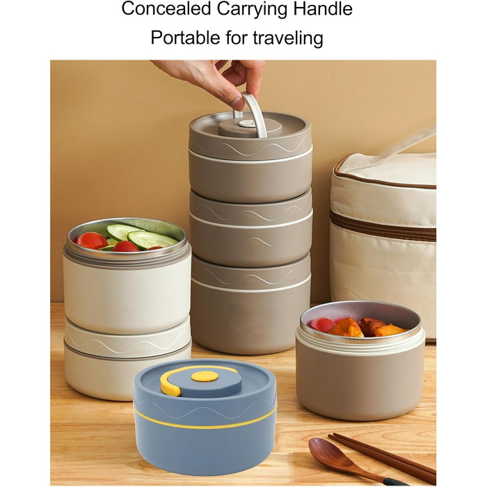 Термоконтейнер Tissting з ручкою, контейнер для гарячого обіду на 420 мл, коробка для обіду Bento, двошаровий портативний термоконтейнер круглої форми з нержавіючої сталі 304 (доступна для мікрохвильової печі білий)