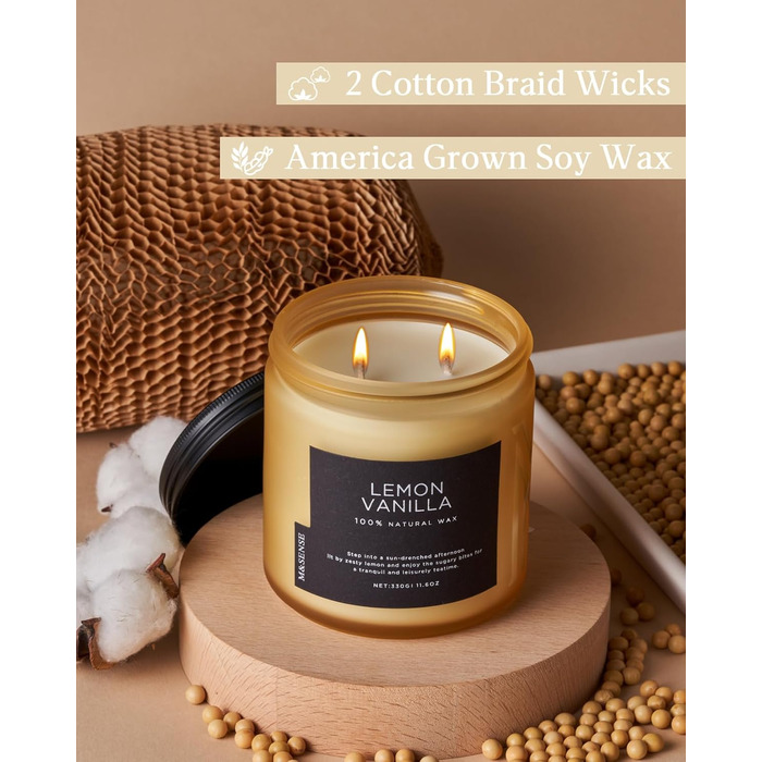 Ароматичні свічки M&SENSE з кавою у скляній банці з 2 гнітами 330 г, час горіння 70 годин, свічка з натурального соєвого воску для спальні, кухні, декору дому, подарункова свічка для чоловіків та жінок, смажена кава (лимон та ваніль)