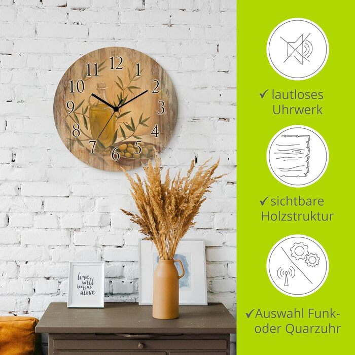 Настінний декор ARTLAND настінний годинник з дерева без цокання безшумний круглий Ø 30 см кухонний годинник кава капучино круасан T5XO Капучино та круасан (оливки та лимони, кварцовий годинник)