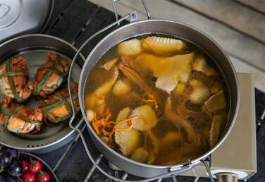 Титанова пароварка Набір каструль для супу 4.5 л і 2 л Посуд для кемпінгу на відкритому повітрі Легкий посуд для пікніка Походи Підвісний горщик Портативний дорожній домашній посуд Набір для приготування їжі Гаряча каструля для 3-5 осіб (Ti2114C-4,5 л і 2