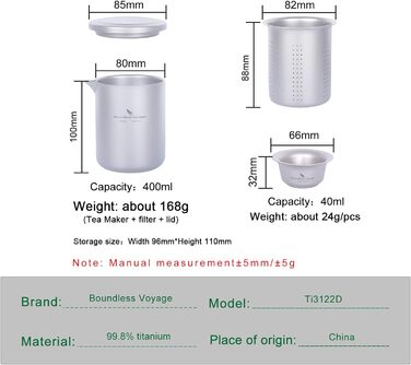 Титановая кофейная кружка с двойными стенками, легкий чайник с фильтром, посуда для кемпинга (Ti3122d-400 мл 40 мл, 4 чашки)