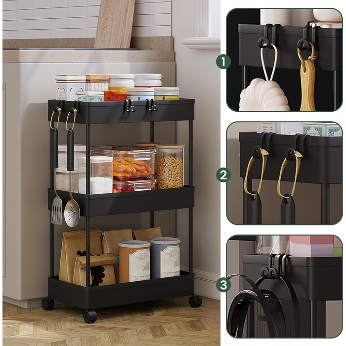 Візок сервірувальний на 3 полиці, 39 x 59 x 22,5 см, чорний Klihome