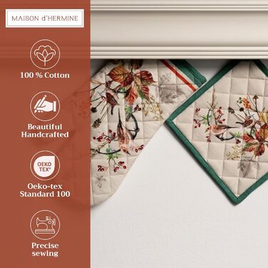 Рукавички для духовки Maison d&39 Hermine, Прихватки для каструль, 100 бавовна, термостійкі кухонні рукавички, рукавички для духовки (19 см x 33 см) та прихватки для каструль (20 см x 20 см) для приготування їжі, Morzine - Рукавички для духовки (19 x 33 с