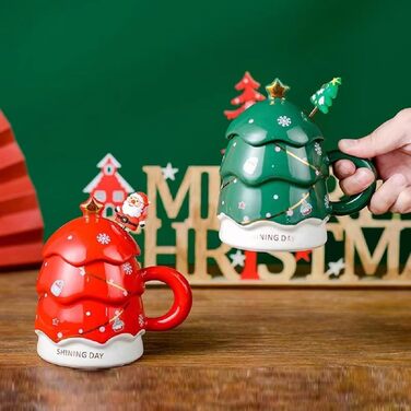 Кавовий кухоль 400 мл Різдвяна ялинка з кришкою та паличкою для перемішування, червоний YDoLimmer