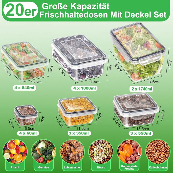 Набір Kottwca, набір Tupperware із 30 предметів (15 контейнерів 15 кришок), кухонні коробки для приготування їжі, 100 герметичні, без бісфенолу А, контейнер для зберігання продуктів для мікрохвильової печі та холодильника (набір із 20 великої місткості)