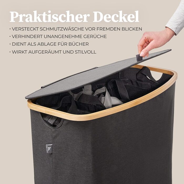 Ящик для белья 150 л - Корзина для белья 3 отделения - Крышка - Сортировщик белья с мешком для белья - Корзины для белья - Серый бамбук - Корзина для белья - Система сортировки белья - Сборник для белья 3) 150л Серый
