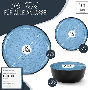 Керамогранітна глибока тарілка ТЕСТ ДУЖЕ ХОРОШИЙ Серія Ibiza Тарілки для макаронів Noble, тарілки для супу Deep стильні тарілки для пасти 6 персон - Набір посуду 6 персон, обідні тарілки, набір посуду Black With (набір із 36 предметів, темно-синій), 6 шт.