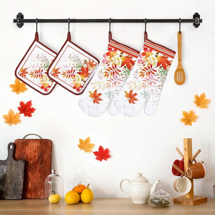 Набір з 2 кухонних рукавиць Arquiel з тримачем для каструлі Gnome Autumn Orange Checked, 100 бавовняні кулінарні рукавички, термостійкі кухонні рукавички для приготування їжі, осінній декор, подарунки для жінок з кленовим листям (осіннє кленове листя, 2 к