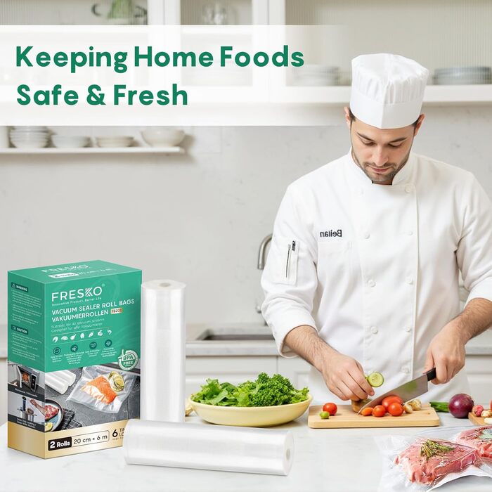 Вакуумні пакети FRESKO, 2 рулони, 28 x 600 см, професійні пакети для вакуумного пакування, розмір підходить для всіх вакуумних пакувальників, без BPA, тиснені повітряні канавки, пакети для заморожування методом су-від (2 рулони 20 x 600 см)