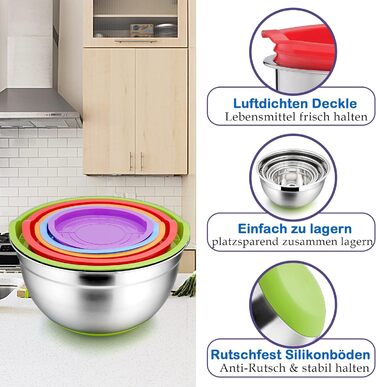 Набір мисок для змішування Herogo з 6 шт. , набір салатниць з нержавіючої сталі з герметичною кришкою та нековзним дном, чудово підходить для приготування/випічки/зберігання/сервірування, штабельований, 0,7 л/1,2 л/1,4 л/2 л/3,3 л/6,7 л барвистий