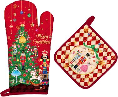Набір з 2 різдвяних рукавиць для духовки та підставки для каструль Arquiel, 100 бавовняні кулінарні рукавички, термостійкі кухонні рукавички для приготування їжі, різдвяні подарунки для жінок (Лускунчик, рукавичка для духовки підставка для каструль)