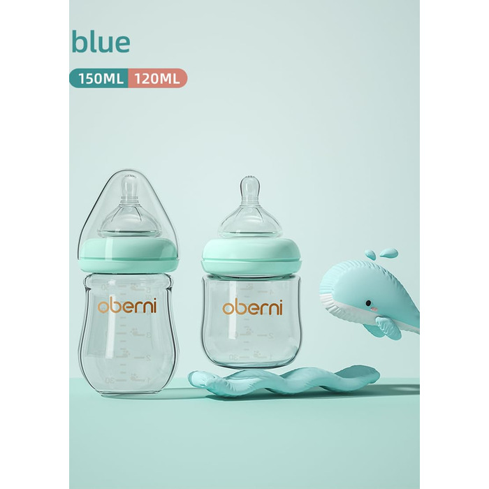 Скляні дитячі пляшечки Oberni з силіконовою соскою, розмір 1, пляшечка для молока з широким горлом, дитяча пляшечка з антиколіковим клапаном для новонароджених від 0 місяців, 150 мл, сині, (синій/3 шт.)