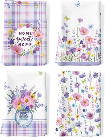 Кухонні рушники, бавовна, 4 упаковки, кухонні рушники, 100 бавовна. Осінній набір кухонних рушників. Універсальні високоякісні кухонні рушники для сушіння, 50 x 70 см (фіолетова квітка 02)