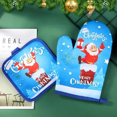 Рукавичка для духовки та прихватка для каструль, набір 2 предмети з різдвяним принтом, сині Embhlitfe