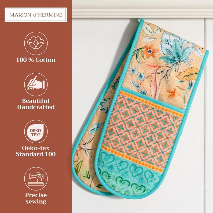 Рукавички для духовки Maison d&39 Hermine, прихватки для каструль, 100 бавовна, термостійкі кухонні рукавички, рукавички для духовки (19 см x 33 см) та прихватки для каструль (20 см x 20 см) для приготування їжі, Morzine - рукавички для духовки (19 x 33 с