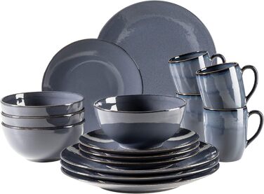 Набор посуды MSER 931545 Ossia на 4 персоны в средиземноморском винтажном стиле, комбинированный сервиз из 16 предметов из керамики (антрацитовый синий)