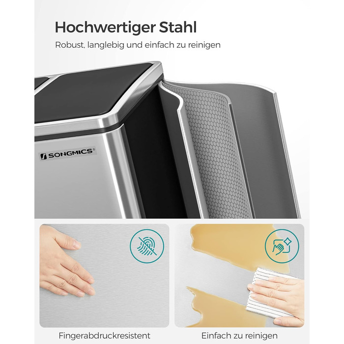 Кухонний контейнер для сміття SONGMICS, 3 x 18 л, система розділення сміття з 3 відділеннями, включаючи 15 мішків для сміття, відро для сміття, відро для сміття на педалі, для перероблених відходів, органічних відходів, з кришкою, LTB54BK (сріблястий мета