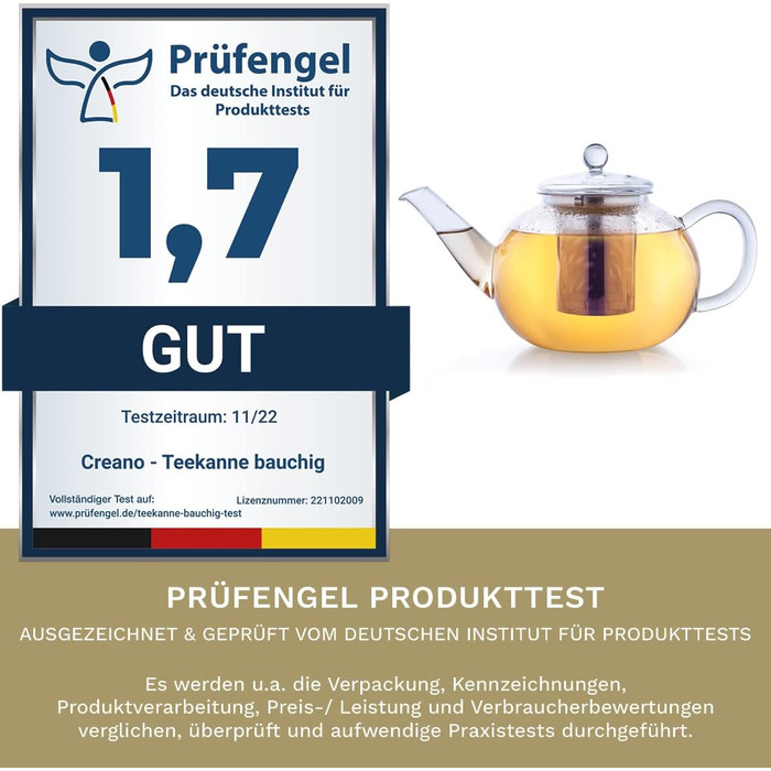 Скляний чайник Creano Glass Teapot з 3 частин із вбудованим ситечком з нержавіючої сталі та скляною кришкою, ідеально підходить для приготування сипучих чаїв, без крапель, моноблок (1,2 л)