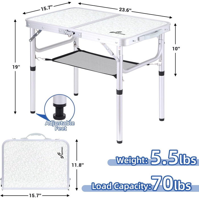 Складной кемпинговый стол с 2 уровнями высоты 60 х 40 см белый Sportneer