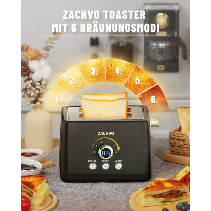 Тостер на 2 скибочки, тостер ZACHVO з підігрівом булочок, 6 рівнів підрум&39янювання, 850 Вт, знімний піддон для крихт, світлодіодний екран, високий підйом, розігрів, розморожування, функція скасування