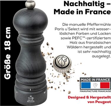 Млин для перцю Paris u'Select 18 см - 6 попередньо встановлених помелів - Виготовлений з деревини, сертифікованої PEFC - Французьке ноу-хау - Графітовий млин для перцю графіт