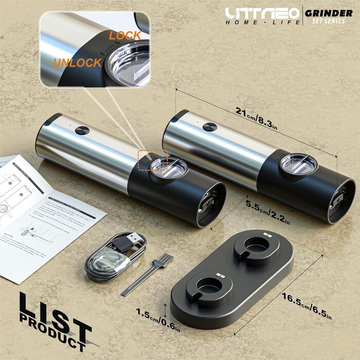 Млин для солі та перцю електричний з базою, що заряджається, 2 предмети, чорний/металік Littneo