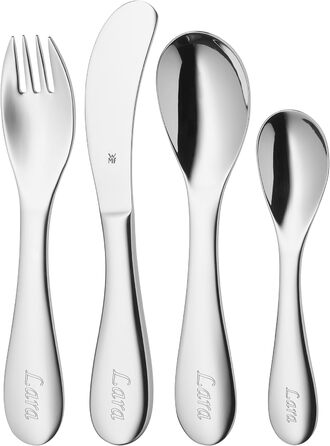 М'які дитячі столові прибори WMF з вигравіруваною назвою - персоналізований набір для дітей з гравіюванням - персоналізовані ідеї подарунків на хрестини для дівчаток і хлопчиків - персоналізовані столові прибори WMF - 4 предмети (з гравіюванням спереду та