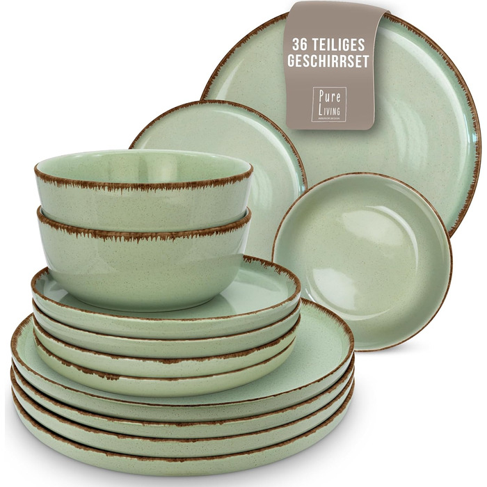 Набір посуду з керамограніту 6 персон Рустик 24 шт. - Набір посуду в сільському стилі, можна мити в посудомийній машині - Набір мисок і тарілок - Чистий живий посуд (набір 36 предметів, м'ятно-зелений)