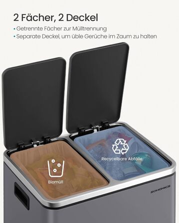 Кухонний кошик для сміття, 2 x 15 літрів, система розділення сміття, 2 відділення, включаючи 15 мішків для сміття, відро для сміття, відро для сміття на педалі, перероблені відходи, органічні відходи, кришка з мяким закриттям, LTB30BK (матово-сірий)