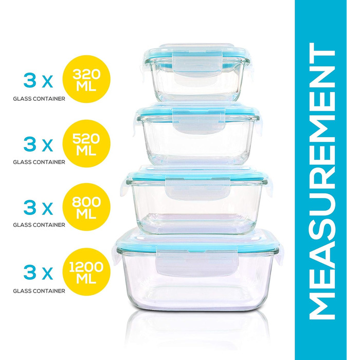 Набір скляних контейнерів з кришками, 12 предметів, блакитний KICHLY