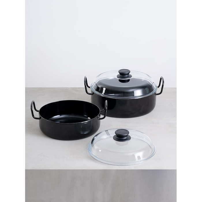 Сотейник бабусин зі скляною кришкою 28 см, КАСТРУЛІ ЕМАЛЬОВАНІ КЛАСИЧНІ, емальовані, чорні, висота 9 см, діаметр 28 см, 0459-022