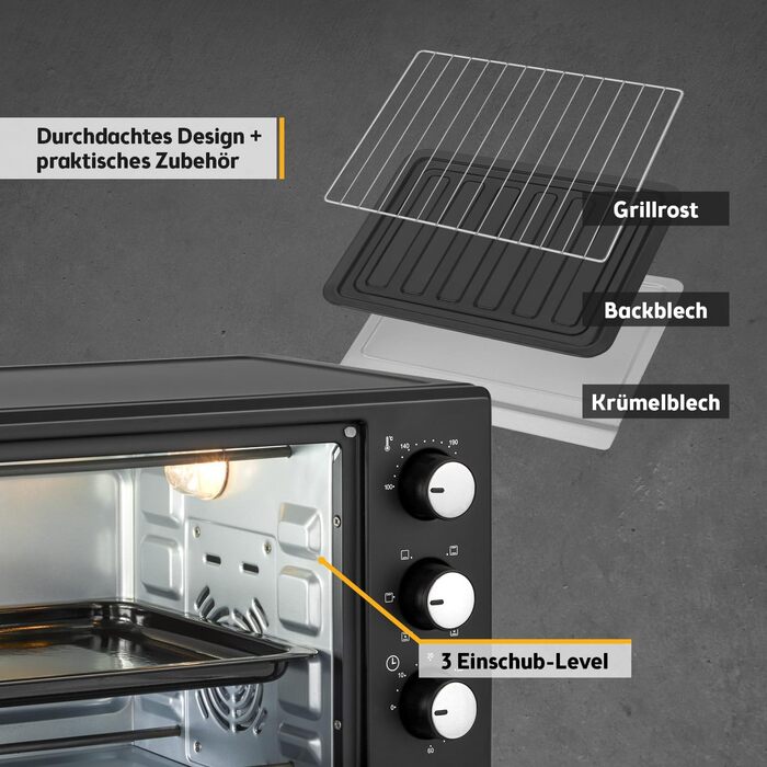 Міні-духівка 20 л 1380 Вт - Міні-духівка з плавним контролем температури до 230C - Міні-духівка з таймером на 60 хвилин, 3 рівнями висоти полиць, деком та решіткою для гриля - Для невеликих кухонь та кемпінгу