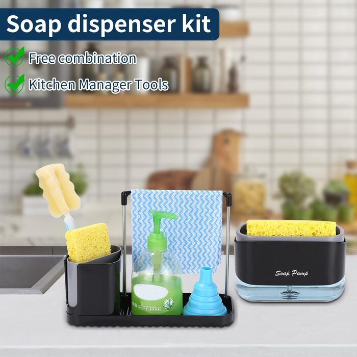 Кухонний набір з дозатором рідини для миття посуду, дозатор мила кухонний з лотком і тримачем для губки, засіб для миття багаторазового використання, підходить для кухонної мийки (кухонний набір з дозатором рідини для миття посуду)