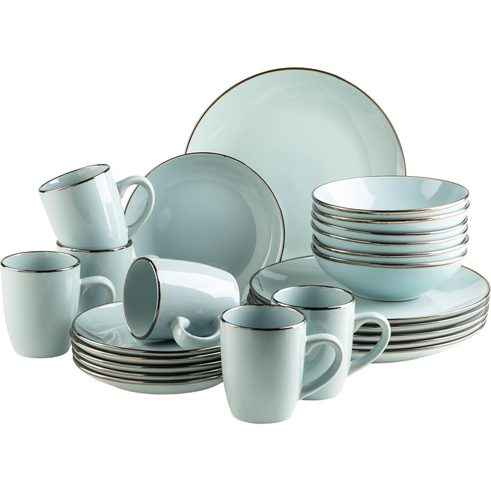 Современный набор посуды на 6 персон с ободком цвета латуни, es комбинированный набор с безободковыми формами купе, керамогранит, (24 предмета, мятный)