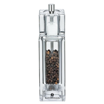Млин для перцю та солі Zassenhaus SOLINGEN виготовлений з акрилу 16 см , Високоякісний млин для спецій з 2-ступінчастою керамічною кавомолкою , Регульовані помели , Акриловий корпус для ідеального задоволення