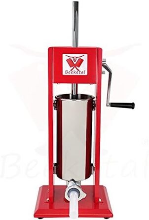 Професійна машина для наповнення гастроковбаси Beeketal &39MT07&39 (7 літрів), протестована SGS, наповнювач для ковбас з 2-швидкісним повністю металевим редуктором і рукояткою, сталевий корпус (пофарбований у червоний колір), включаючи 4 насадки для з