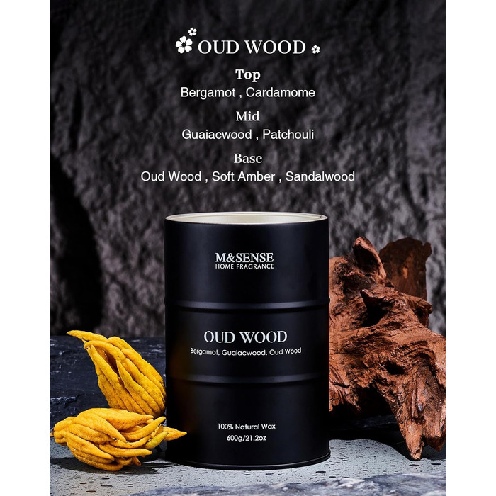 Ароматичні свічки M&SENSE з натурального соєвого воску, натуральна соєва свічка для домашнього декору, тривалий час горіння до 70 годин, стильні подарунки-свічки для чоловіків і жінок (600 г, дерево уд)