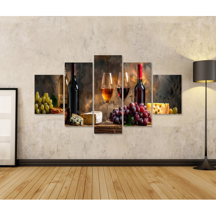 Друк на полотні Сільський натюрморт з пляшками вина, келихами, виноградом, сиром, хлібом на дерев&39яному столі Картини Настінний художній постер (полотно 170x80 см - 5 частин)