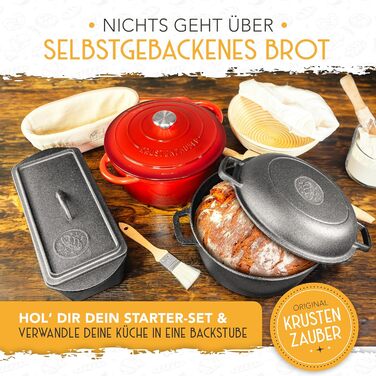 Форма для випікання хліба KRUSTENZAUBER з кришкою та кошиком для розстойки - міцна чавунна форма для випікання 28 см - ідеально підходить як форма для хліба, форма для випічки тостів, форма для хліба, чавунна каструля, аксесуари для випікання хліба, горщи