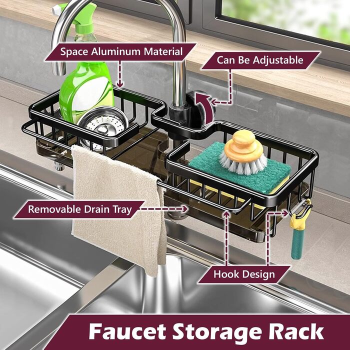 Органайзер для раковини LACEEZEN, тримач для губки для кранів діаметром 1,78-2,8 см, круглий, компактний тримач для рушників, кухонний органайзер (чорний, цільний)