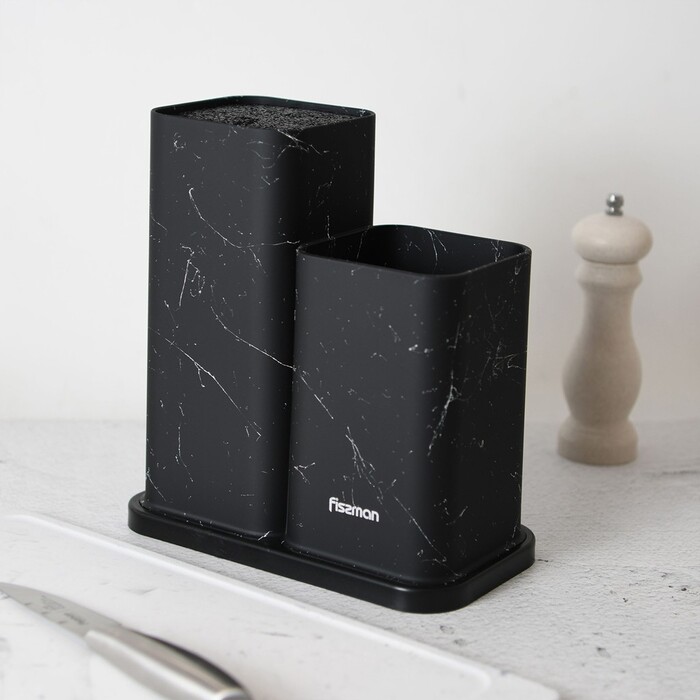 Підставка Fissman для кухонних ножів та інструментів 11x11x23 + 11x11х17 см, колір ЧОРНИЙ МАРМУРпластик (12884)